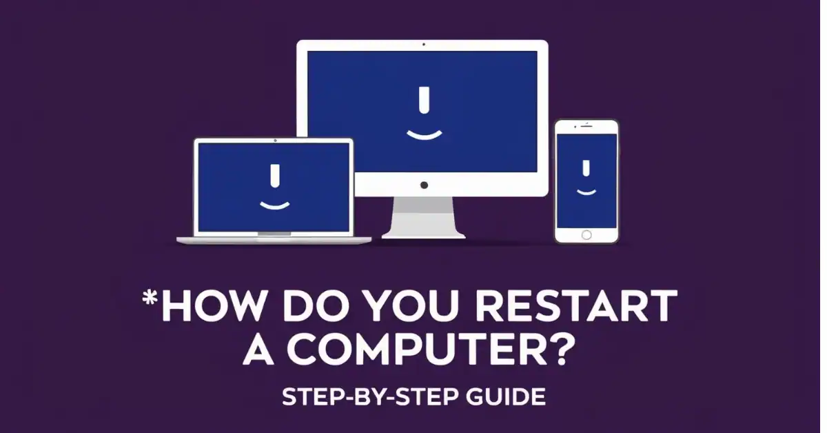How Do You Restart a Computer with desktop, laptop, and phone on purple background. by eproxa.com. eproxa